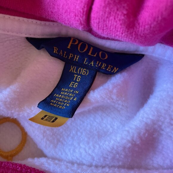 RARE Polo Bear Ralph Lauren Girls SZ XL Pink White Hoodie Fleece - Picture 10 of 14
